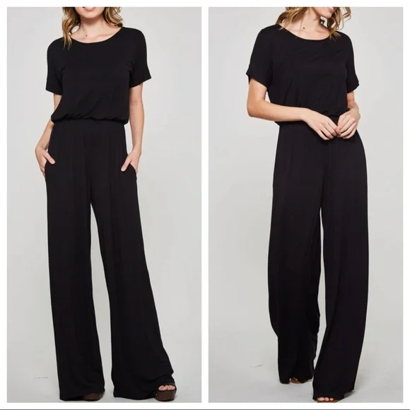 Black KNIT wide leg  Romper/Jumpsuit with POCKETS! - Picture 2 of 4